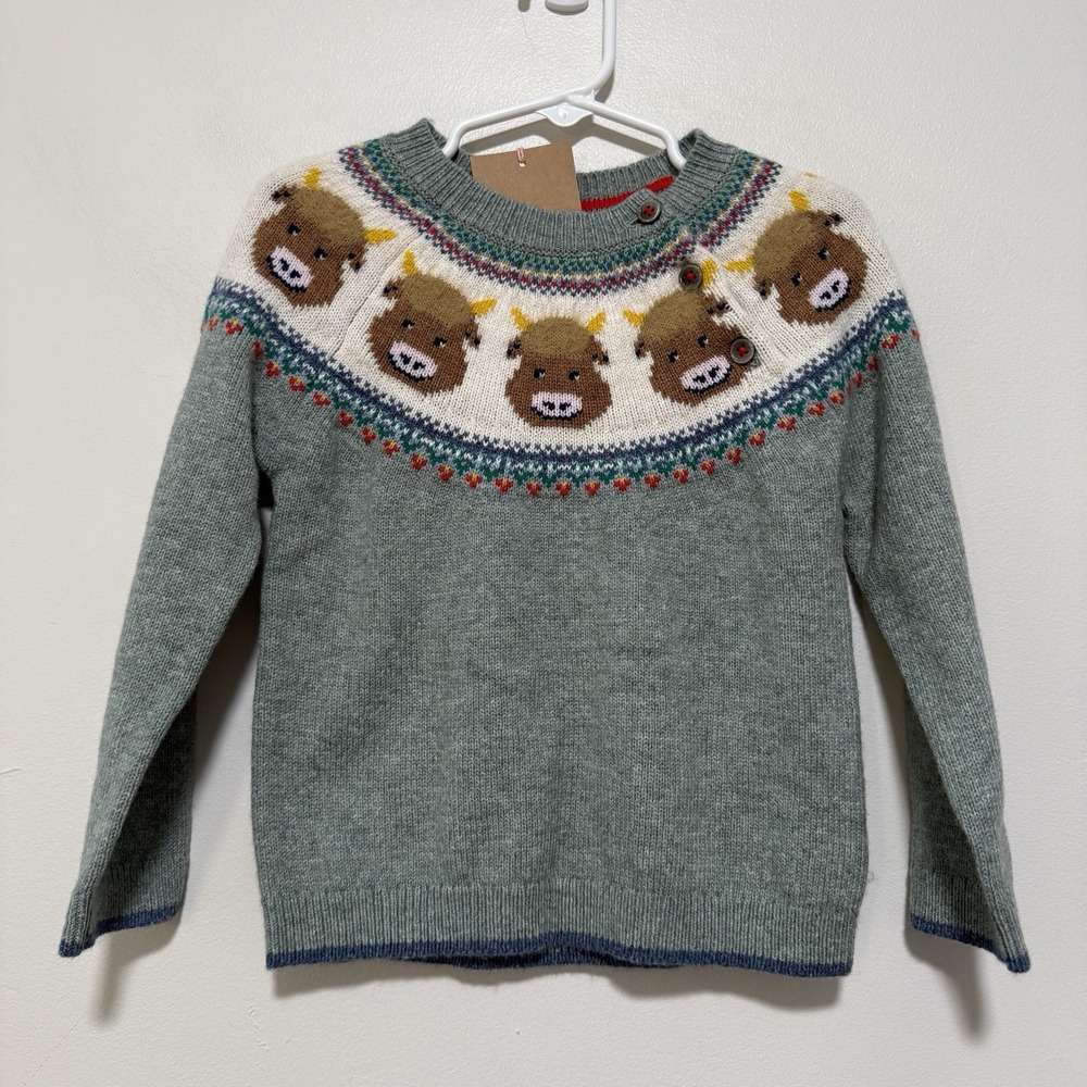 Baby Boden NWT Highland Cow Fair Isle Green Wool Blend Sweater Size 2-3Y